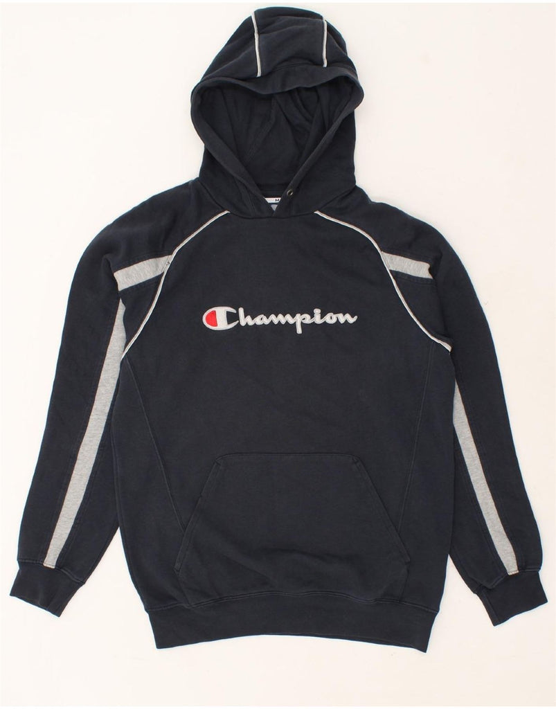 CHAMPION Mens Graphic Hoodie Jumper Medium Navy Blue Colourblock Cotton | Vintage Champion | Thrift | Second-Hand Champion | Used Clothing | Messina Hembry 