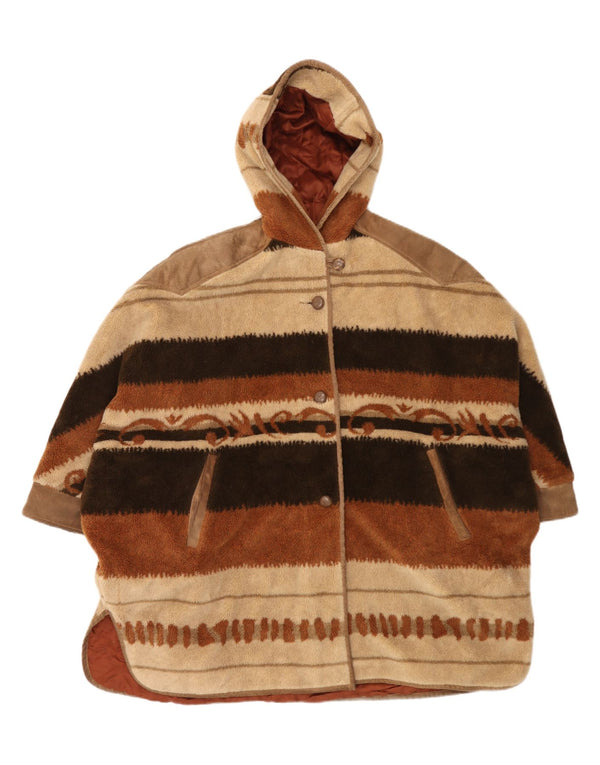 Vintage Womens Hooded Fleece Overcoat UK 22 3XL Brown Colourblock