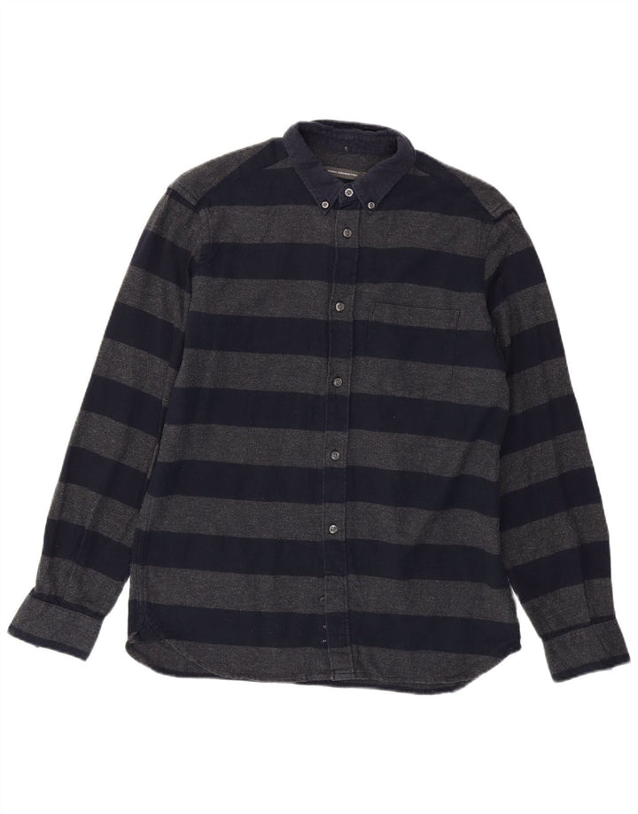 French Connection Mens Flannel Shirt Medium Navy Blue Striped Cotton