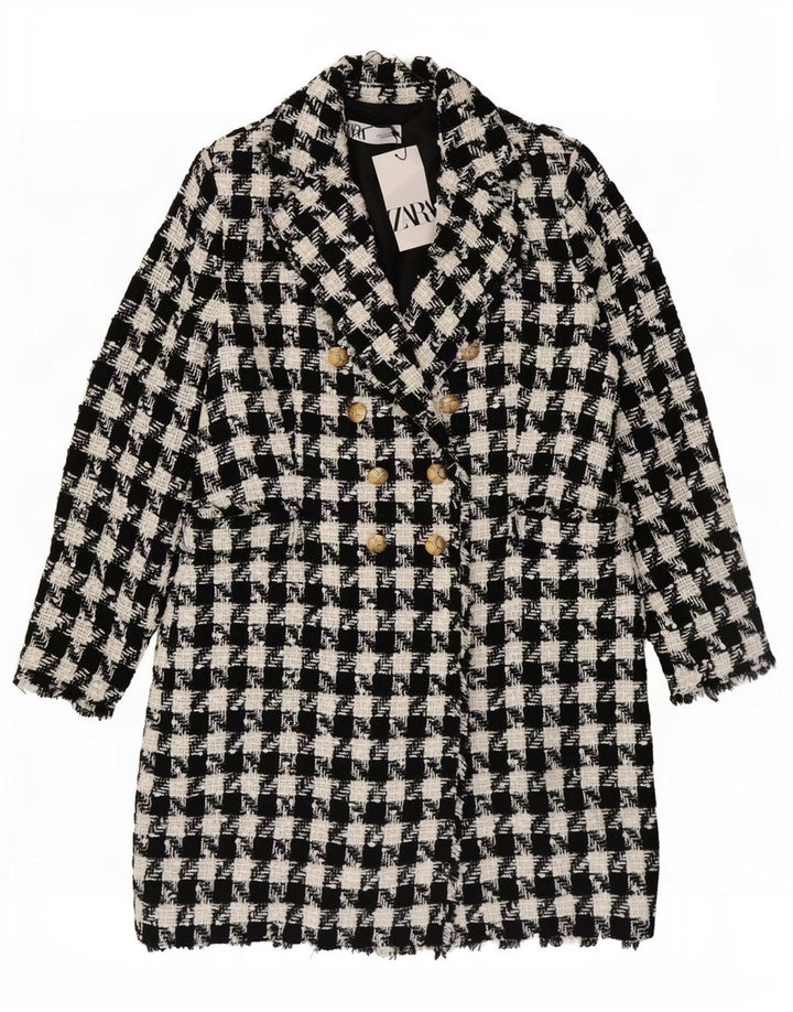 Zara Womens Double Breasted Coat UK 18 XL Black Houndstooth Polyester