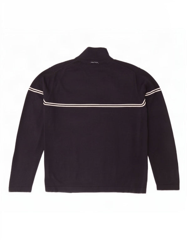 Nautica Mens Zip Neck Jumper Sweater Large Navy Blue Striped Cotton