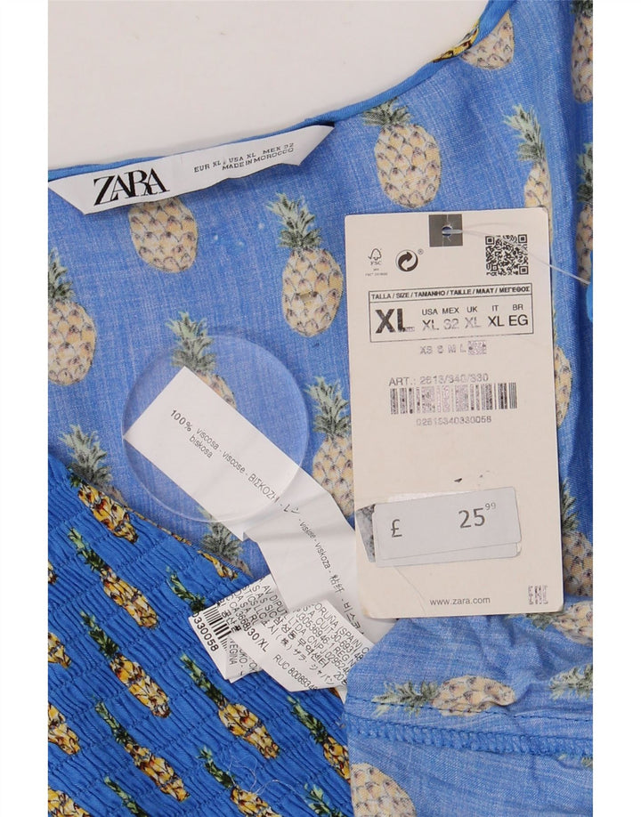Zara Womens Abstract Pattern 3/4 Sleeve Blouse Top UK 18 XL Blue Viscose