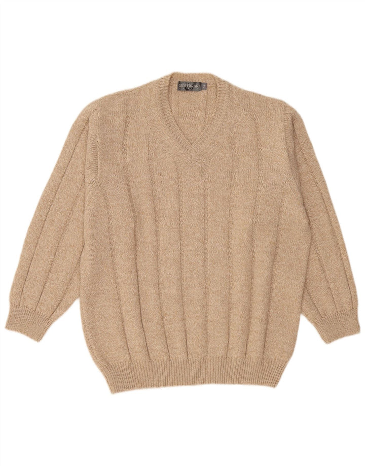 Gioferrari Mens V-Neck Jumper Sweater IT 54 XL Beige Wool
