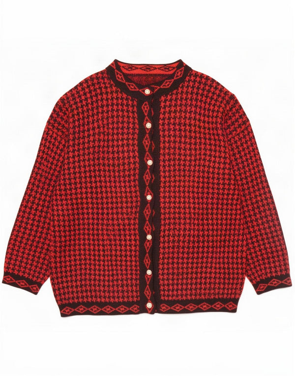 Vintage Womens Cardigan Sweater UK 18 XL Red Houndstooth Acrylic