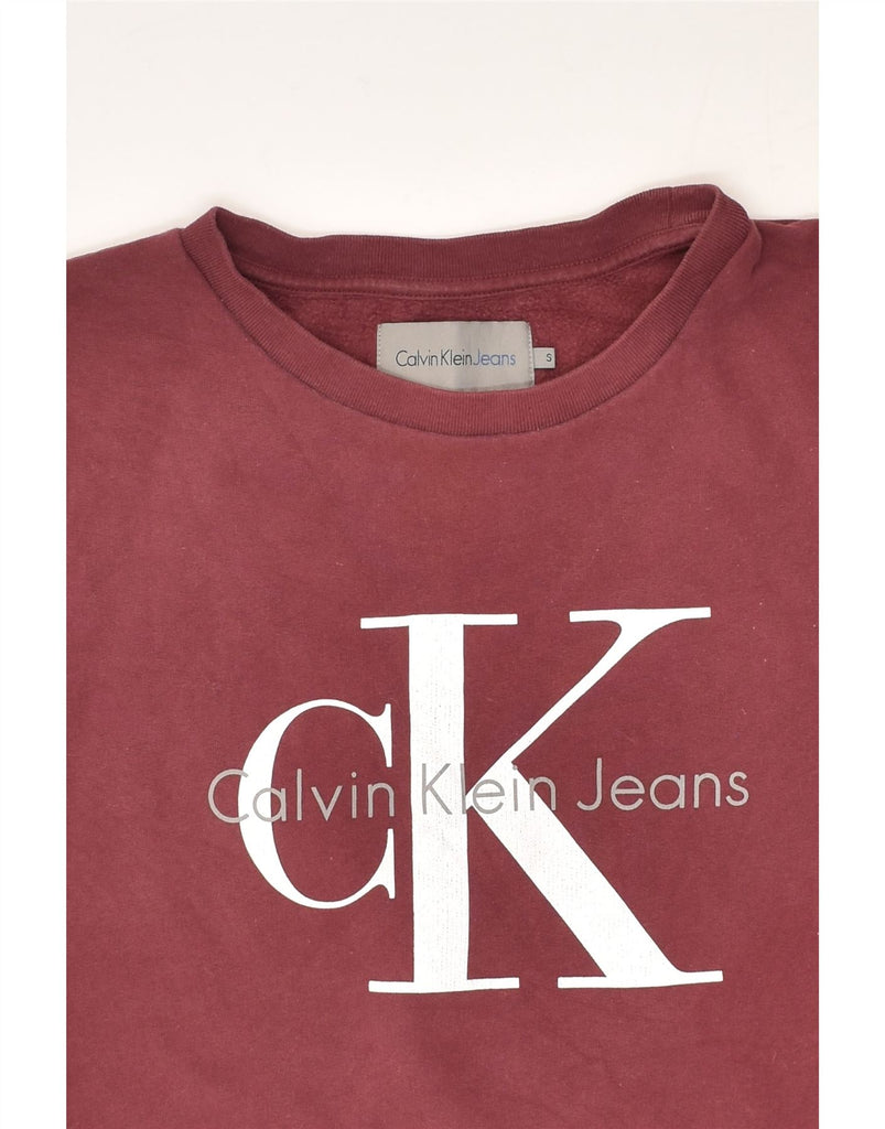 CALVIN KLEIN Womens Graphic Sweatshirt Jumper UK 10 Small Maroon Cotton | Vintage Calvin Klein | Thrift | Second-Hand Calvin Klein | Used Clothing | Messina Hembry 