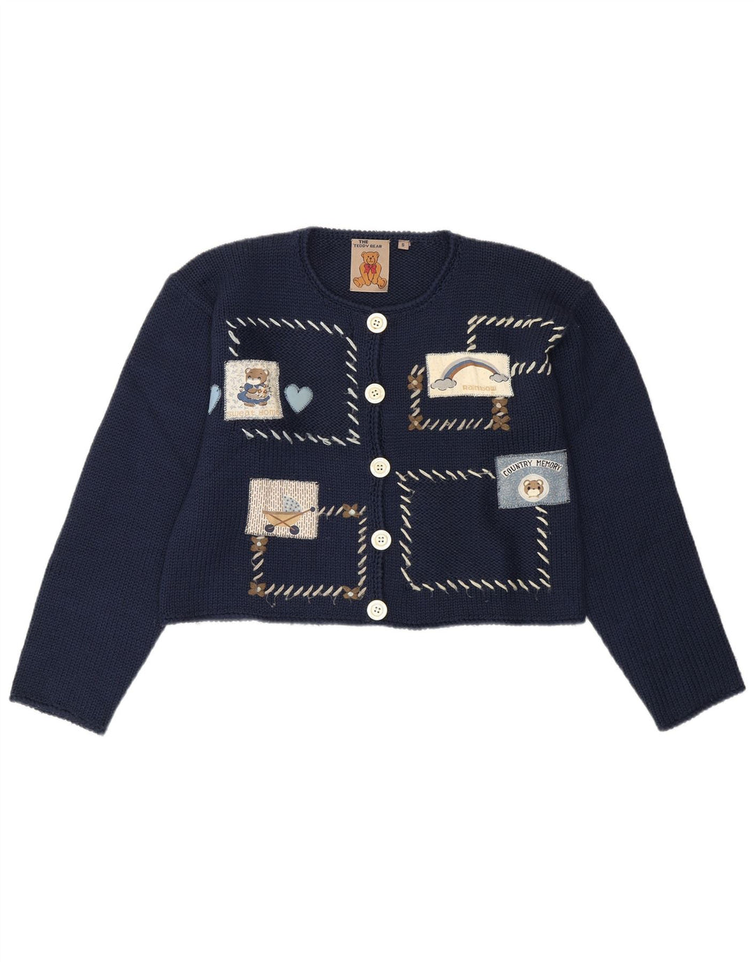 VINTAGE Womens Teddy Bear Cardigan Sweater UK 10 Small Navy Blue Patchwork