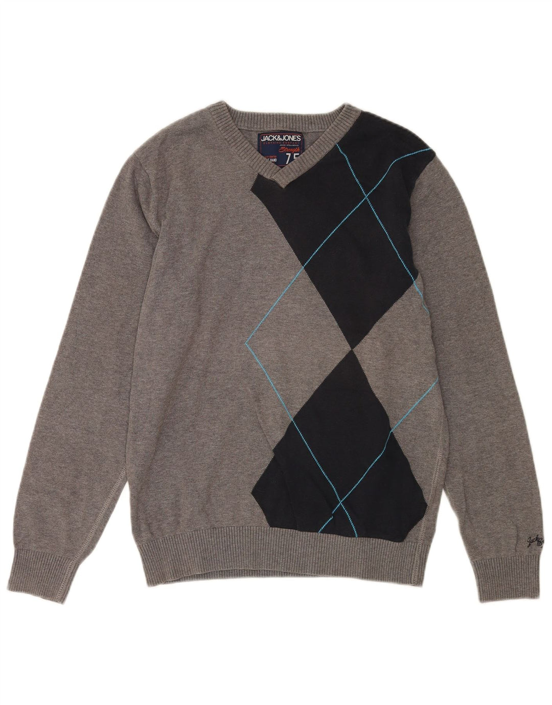 Jack & Jones Mens V-Neck Jumper Sweater Medium Grey Colourblock Cotton