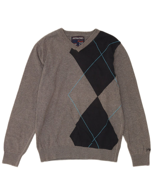 Jack & Jones Mens V-Neck Jumper Sweater Medium Grey Colourblock Cotton