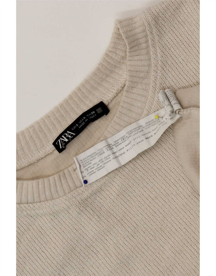 Zara Womens Crop Oversized Top Long Sleeve UK 10 Small Beige Cotton
