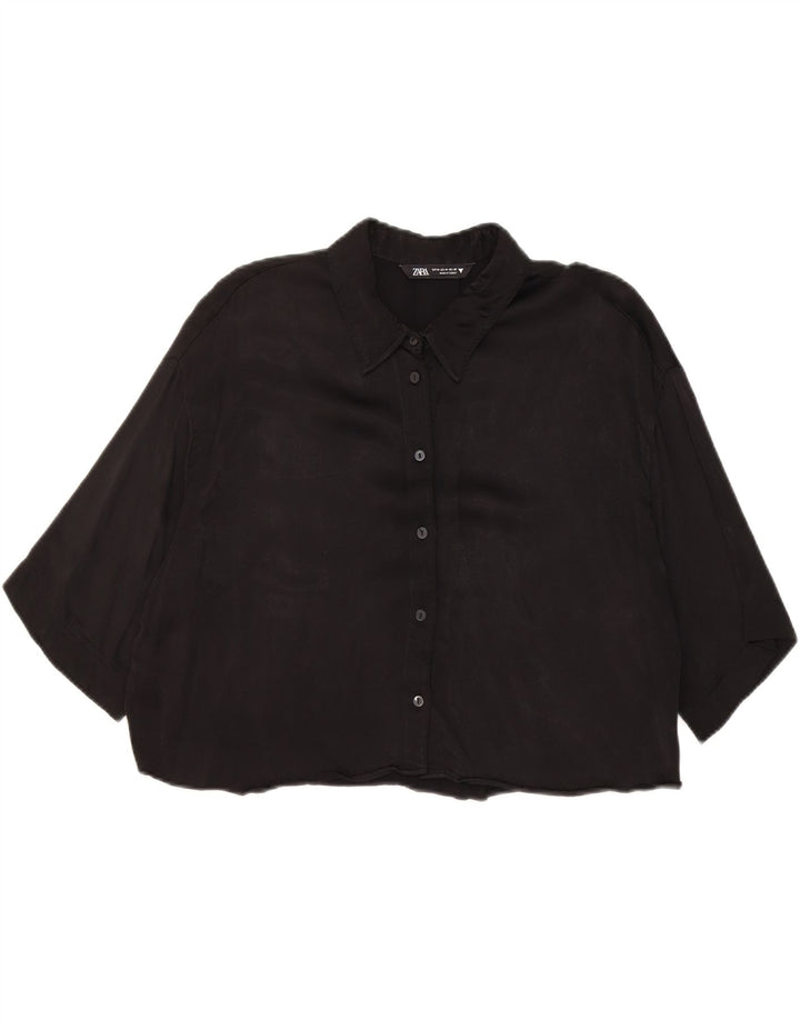 Zara Womens Oversized 3/4 Sleeve Crop Shirt Blouse UK 14 Medium Black