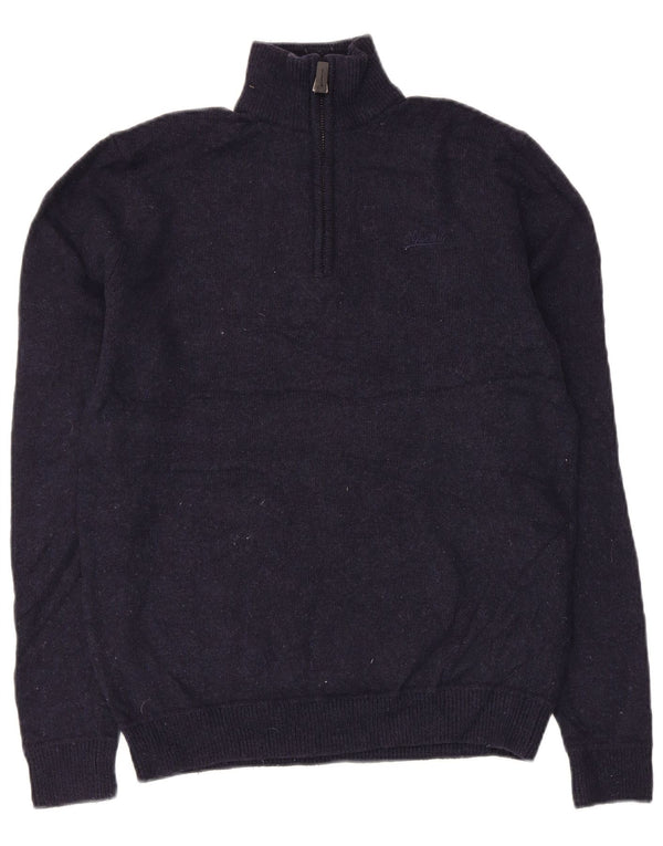 Superdry Womens Zip Neck Jumper Sweater UK 14 Medium Navy Blue Wool