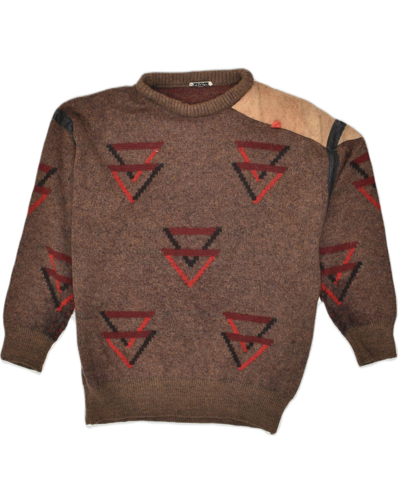 NANI BON Mens Crew Neck Jumper Sweater Large Brown Geometric Polyester | Vintage NANI BON | Thrift | Second-Hand NANI BON | Used Clothing | Messina Hembry 