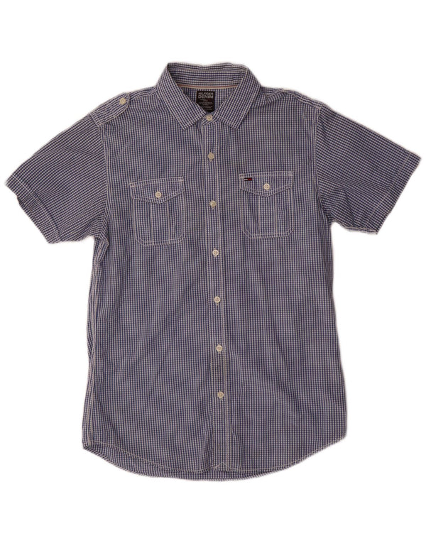 Tommy Hilfiger Mens Military Short Sleeve Shirt Small Blue Gingham Cotton