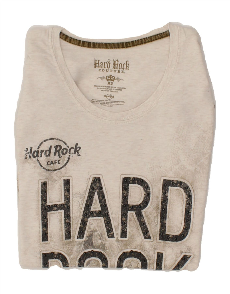 HARD ROCK COUTURE Womens Barcelona Graphic T-Shirt Top UK 6 XS Beige | Vintage Hard Rock Couture | Thrift | Second-Hand Hard Rock Couture | Used Clothing | Messina Hembry 