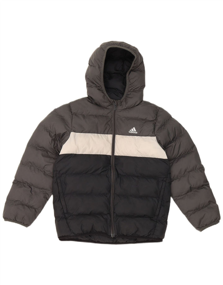 Adidas Boys Hooded Padded Jacket 9-10 Years Grey Colourblock Polyester