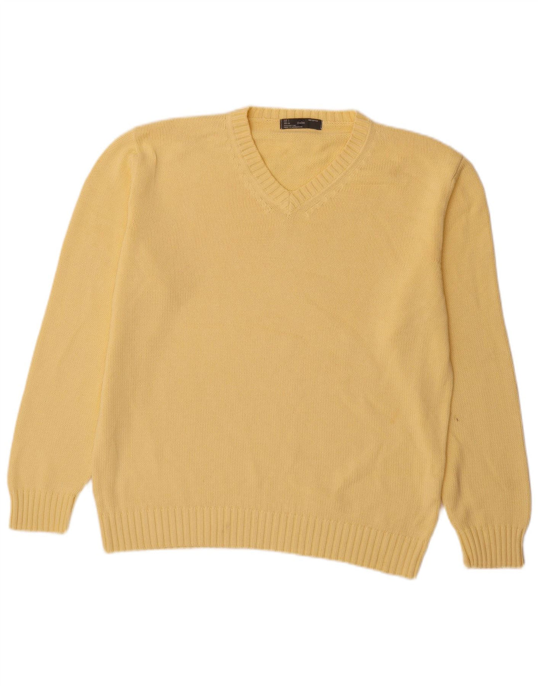Zara Mens V-Neck Jumper Sweater Large Yellow Cotton