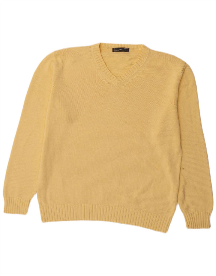Zara Mens V-Neck Jumper Sweater Large Yellow Cotton