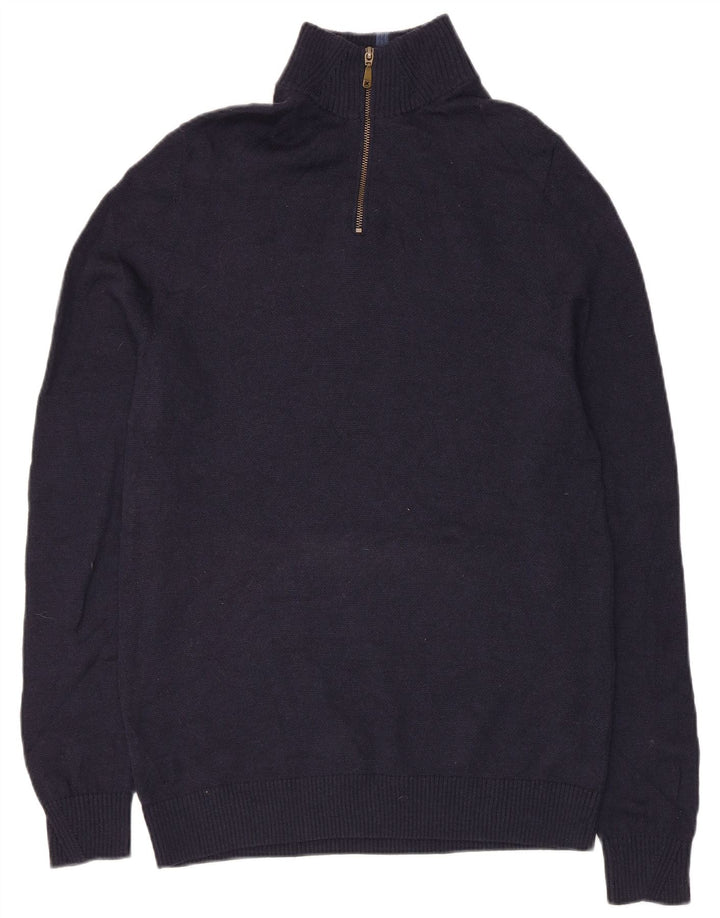 White Stuff Mens Zip Neck Jumper Sweater Medium Navy Blue Merino Wool