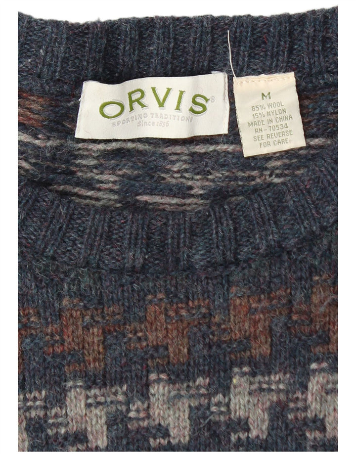 Orvis Mens Boat Neck Jumper Sweater Medium Navy Blue Houndstooth Wool