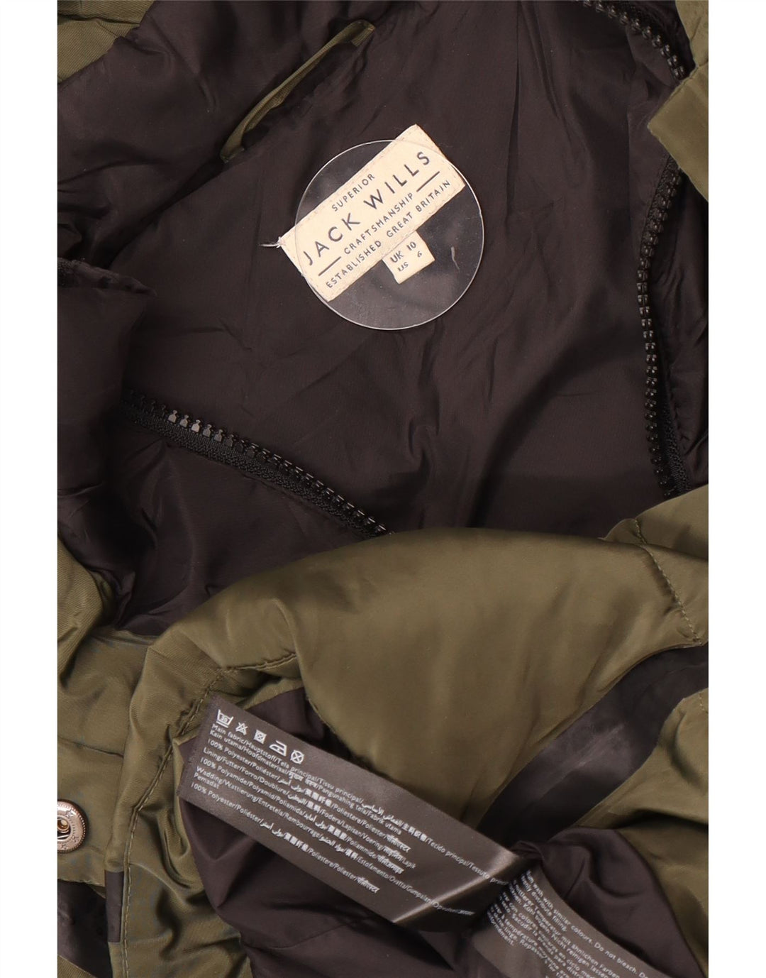 Jack Wills Womens Hooded Padded Jacket UK 10 Small Khaki Striped Polyester