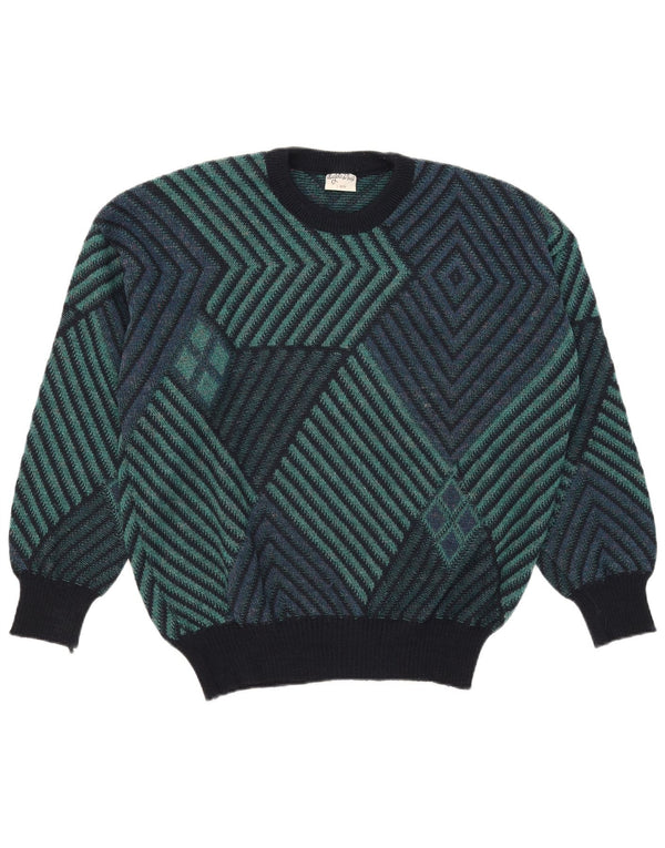 Vintage Mens Crew Neck Jumper Sweater IT 52/54 Large Green Geometric