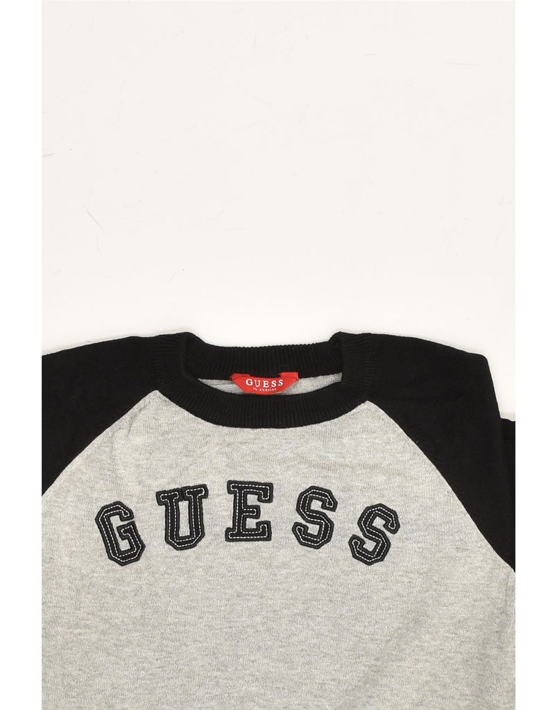 GUESS Boys Graphic Crew Neck Jumper Sweater 9-10 Years Grey Colourblock | Vintage Guess | Thrift | Second-Hand Guess | Used Clothing | Messina Hembry 