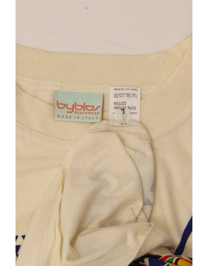 Byblos Mens Graphic T-Shirt Top Large Beige Cotton