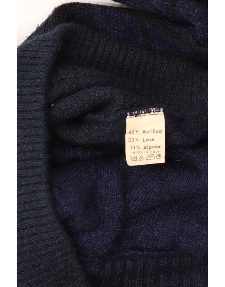 Vintage Mens Cardigan Sweater Medium Navy Blue Check Polyacrylic