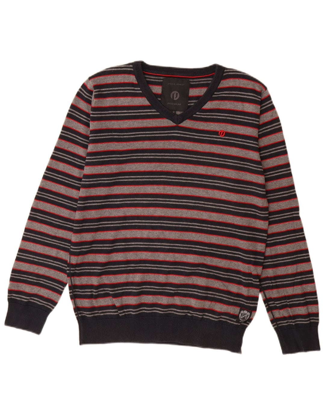 Jack & Jones Mens V-Neck Jumper Sweater Medium Grey Striped Cotton