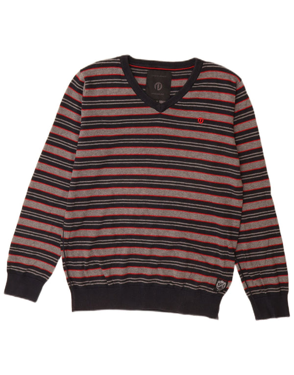 Jack & Jones Mens V-Neck Jumper Sweater Medium Grey Striped Cotton