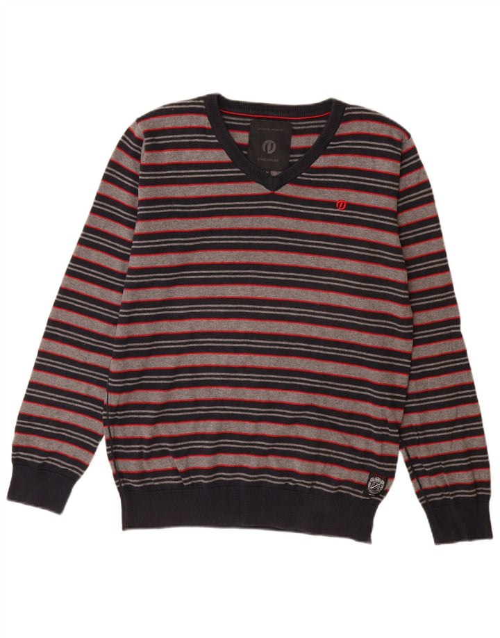 Jack & Jones Mens V-Neck Jumper Sweater Medium Grey Striped Cotton