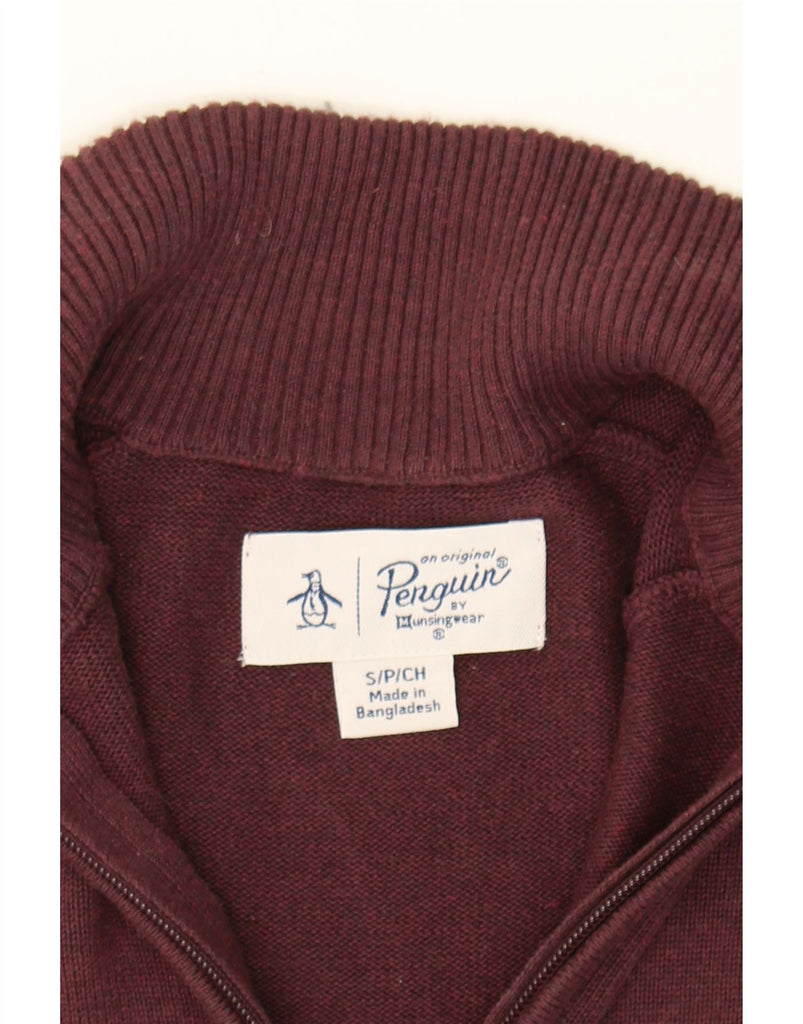 PENGUIN Mens Zip Neck Jumper Sweater Small Maroon Cotton Vintage Penguin and Second-Hand Penguin from Messina Hembry 
