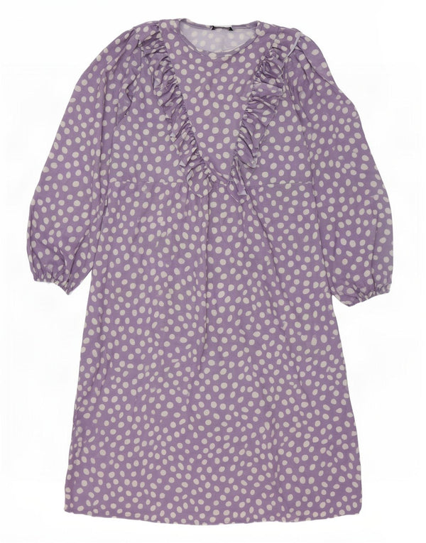 Zara Womens Oversized Ruffle Front Maxi Dress UK 10 Small Purple Spotted