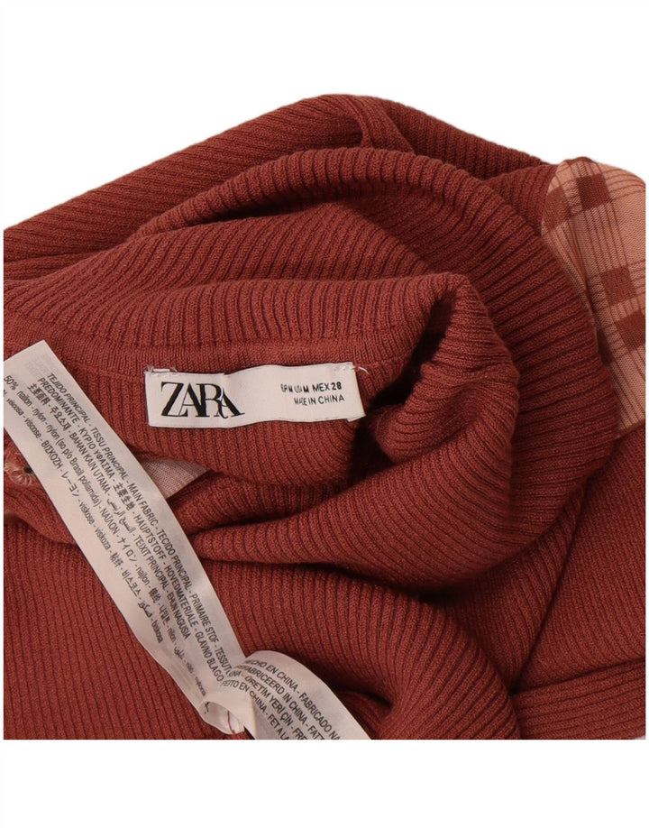 Zara Womens Crop Top Long Sleeve UK 12 Medium Brown Colourblock Nylon