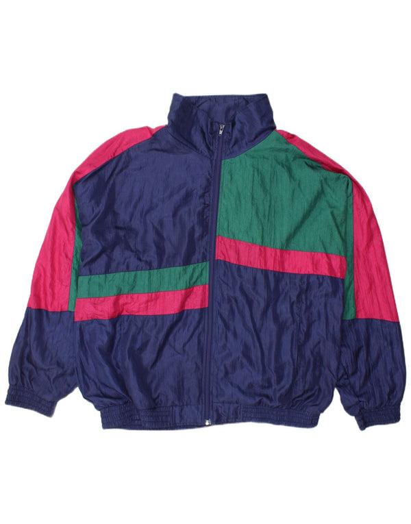 Vintage Mens Tracksuit Top Jacket Large Navy Blue Colourblock Nylon