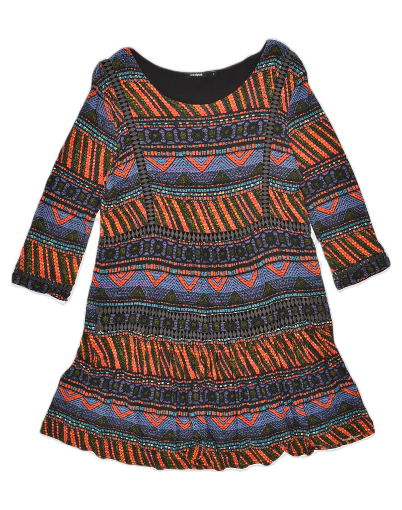 DESIGUAL Womens 3/4 Sleeve A-Line Dress UK 10 Small Multicoloured Striped | Vintage Desigual | Thrift | Second-Hand Desigual | Used Clothing | Messina Hembry 