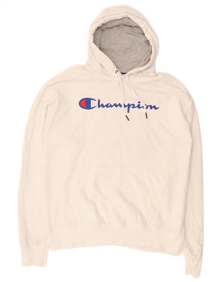 CHAMPION Mens Graphic Hoodie Jumper Large White Cotton
