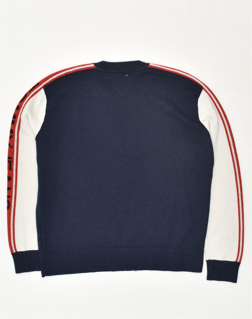 TOMMY HILFIGER Mens Graphic Crew Neck Jumper Sweater Small Navy Blue | Vintage Tommy Hilfiger | Thrift | Second-Hand Tommy Hilfiger | Used Clothing | Messina Hembry 