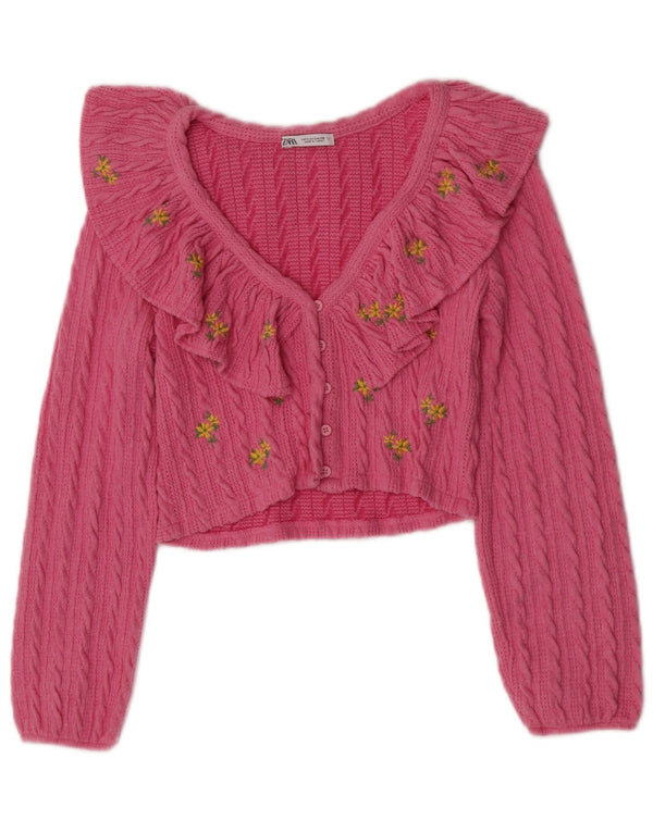 Zara Womens Crop Cardigan Sweater UK 8 Small Pink Floral Polyester