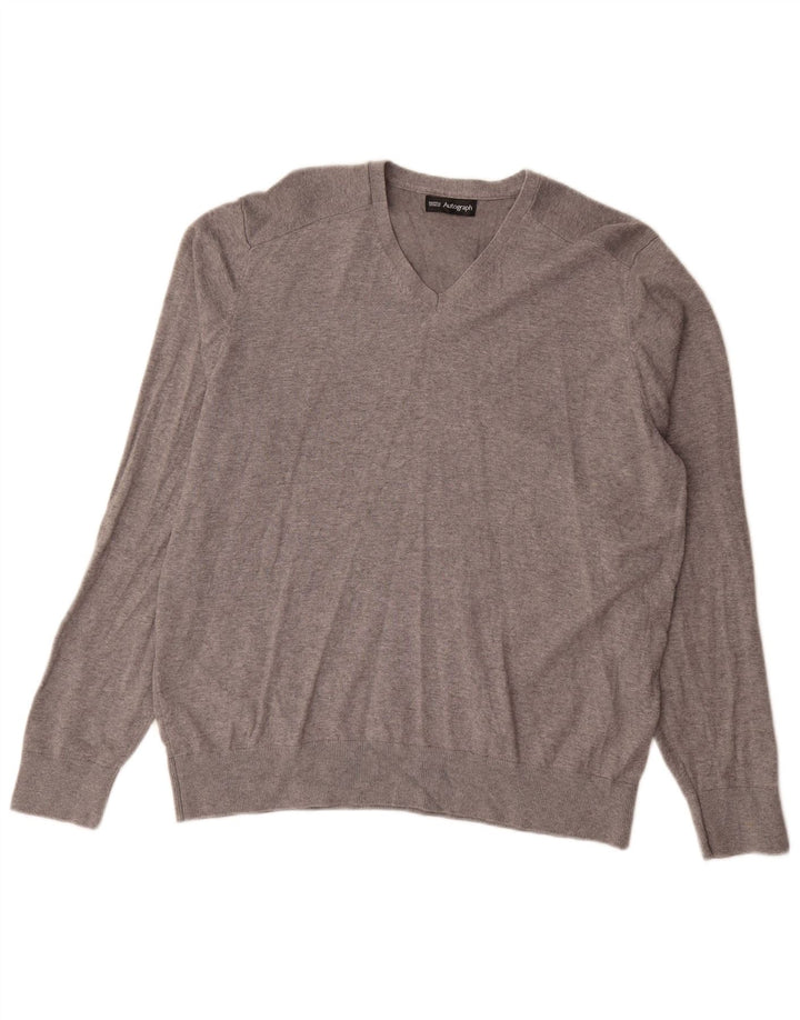 Marks & Spencer Mens Autograph V-Neck Jumper Sweater XL Grey Cotton