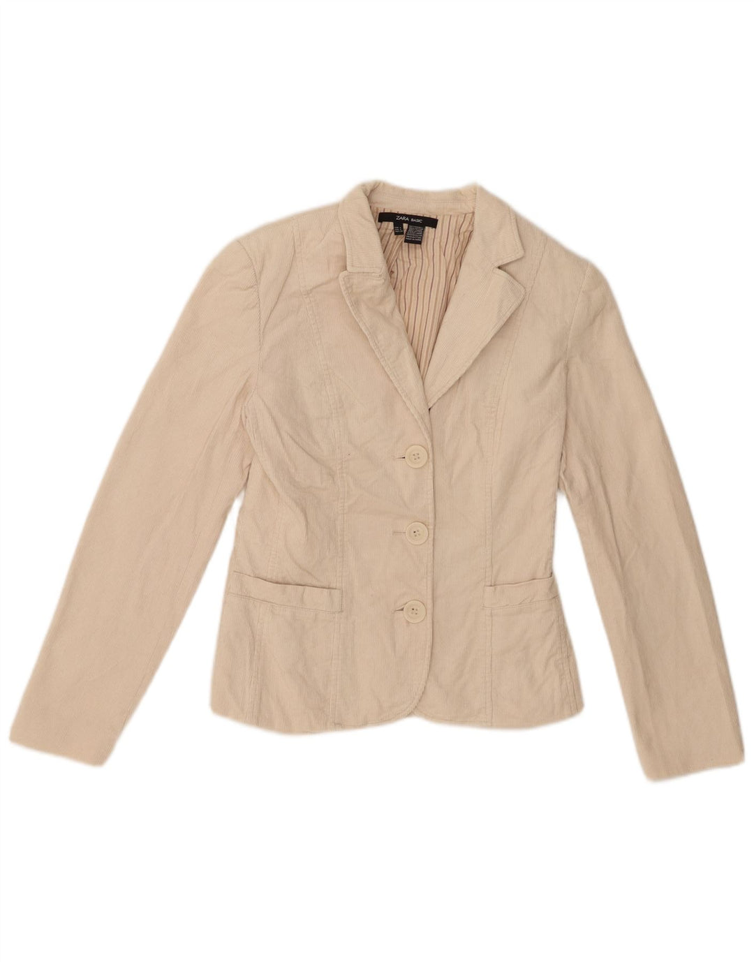 Zara Womens 3 Button Corduroy Blazer Jacket UK 8 Small Beige Cotton