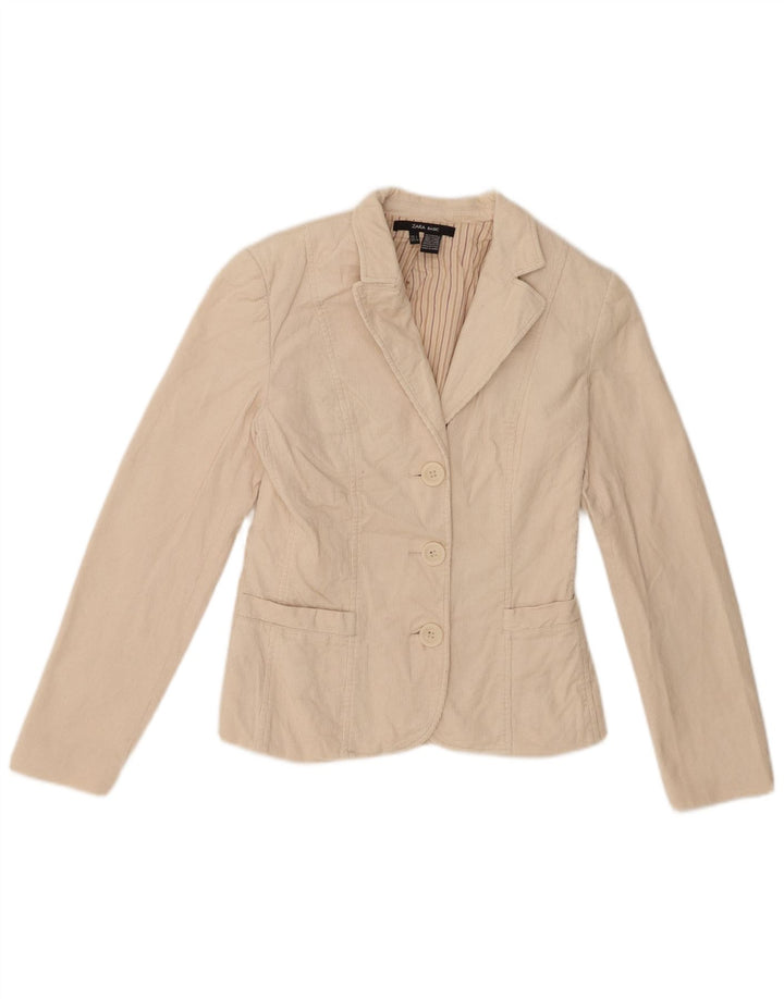 Zara Womens 3 Button Corduroy Blazer Jacket UK 8 Small Beige Cotton
