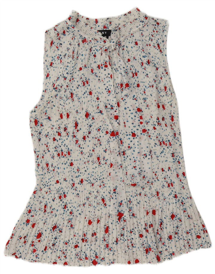 Dkny Womens Sleeveless Front Tie Blouse Top UK 18 XL White Floral Polyester