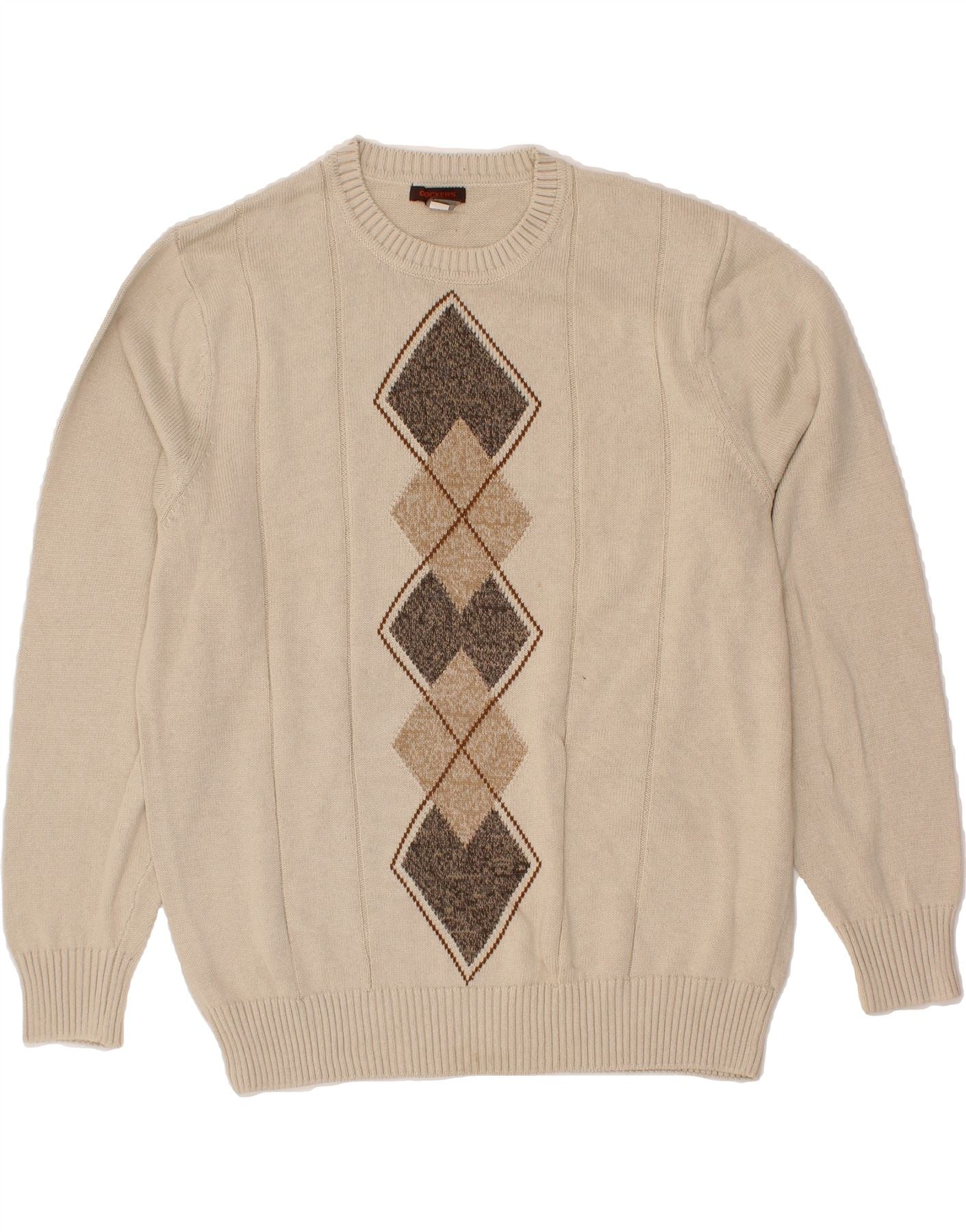 DOCKERS Mens Crew Neck Jumper Sweater XL Beige Argyle/Diamond