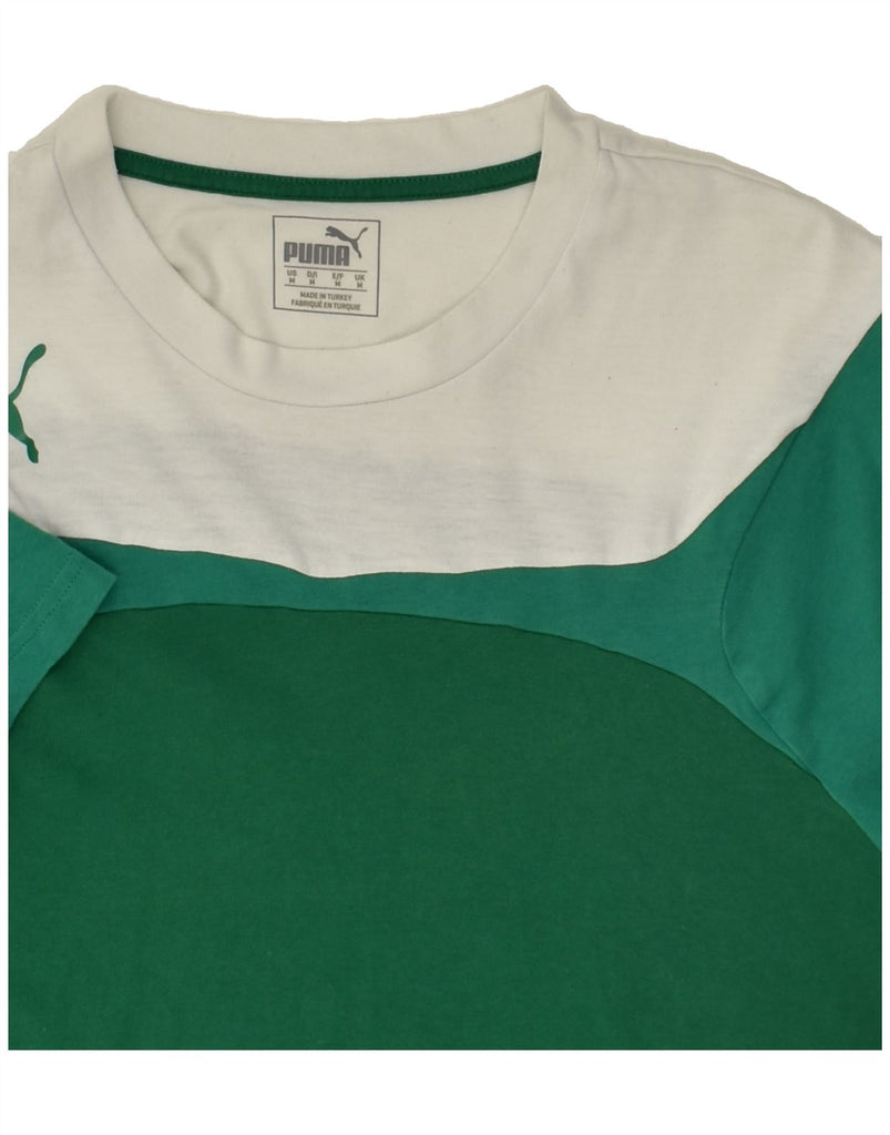 PUMA Mens T-Shirt Top Medium Green Colourblock Polyester | Vintage Puma | Thrift | Second-Hand Puma | Used Clothing | Messina Hembry 