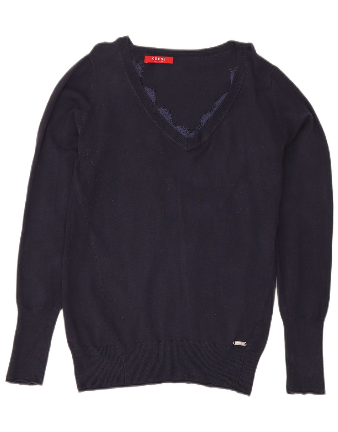 Guess Womens V-Neck Jumper Sweater UK 12 Medium Navy Blue