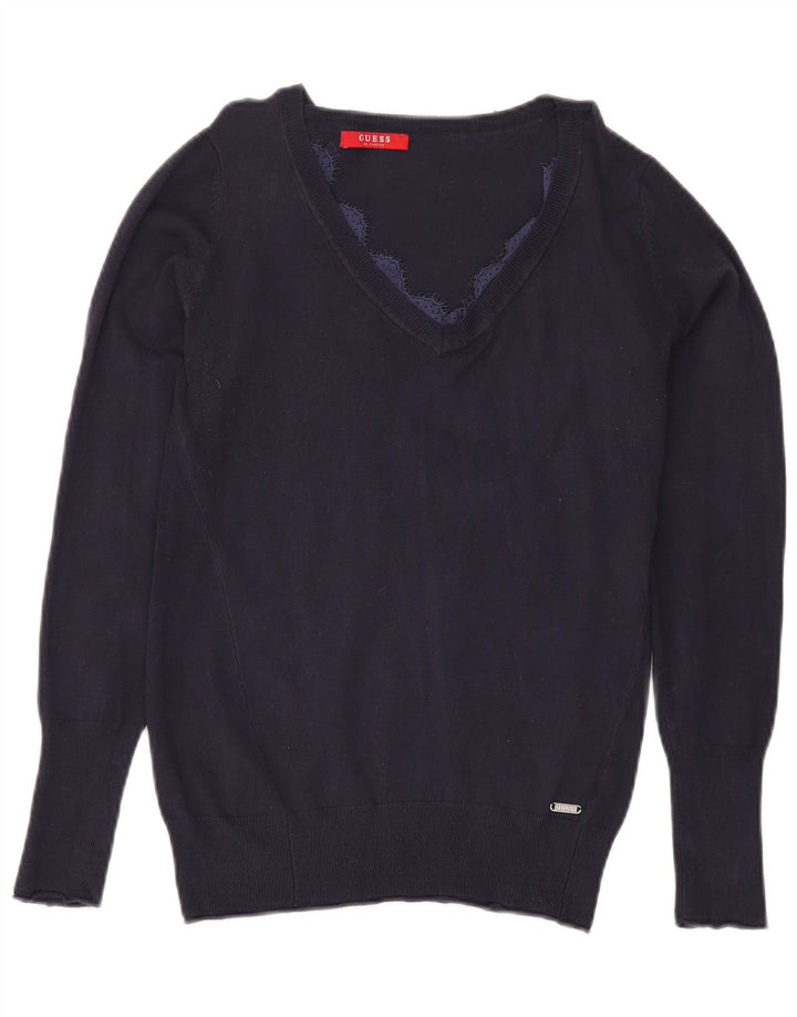 Guess Womens V-Neck Jumper Sweater UK 12 Medium Navy Blue