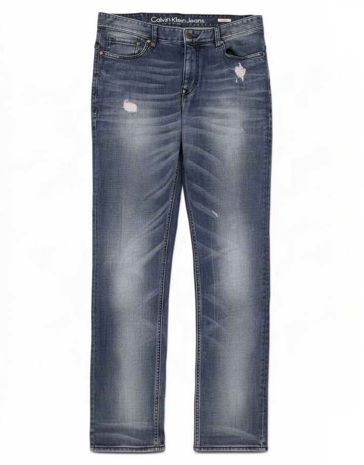 Calvin Klein Mens Distressed Straight Jeans W34 L34 Blue Cotton