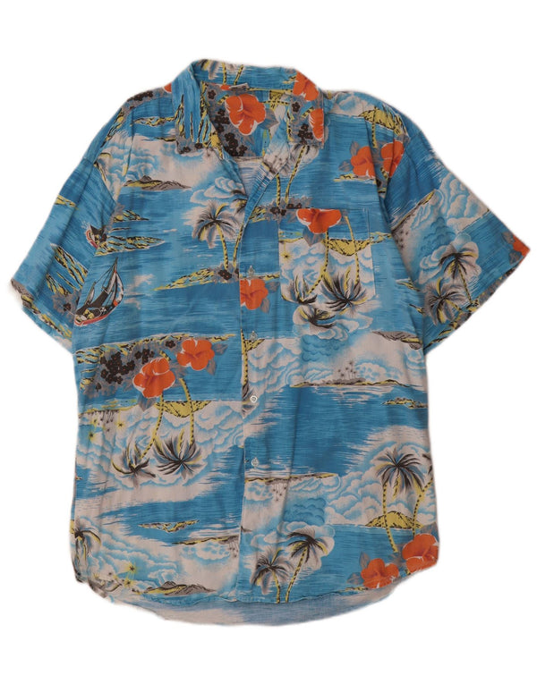 Vintage Mens Short Sleeve Shirt Medium Blue Floral Cotton Hawaiian