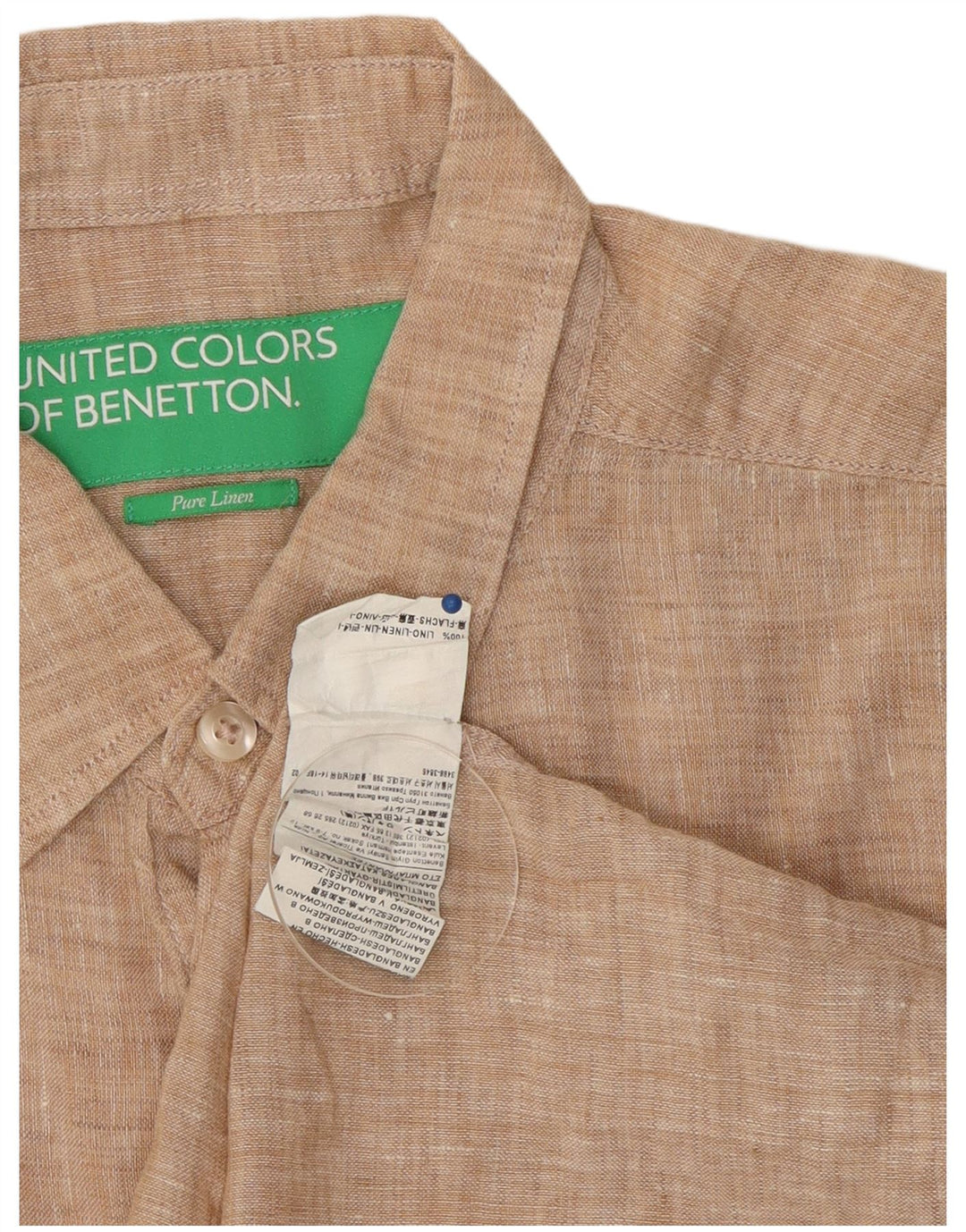 Benetton Mens Short Sleeve Shirt Large Beige Linen